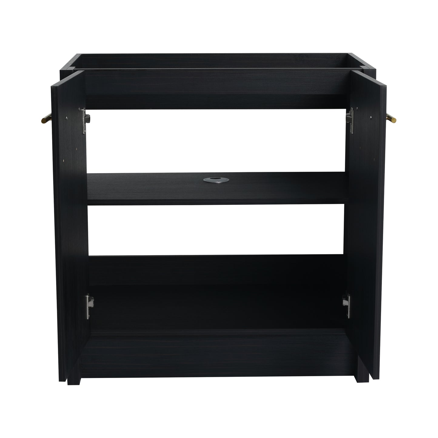 Dark wood cabinet base with two shelves and brass hardware