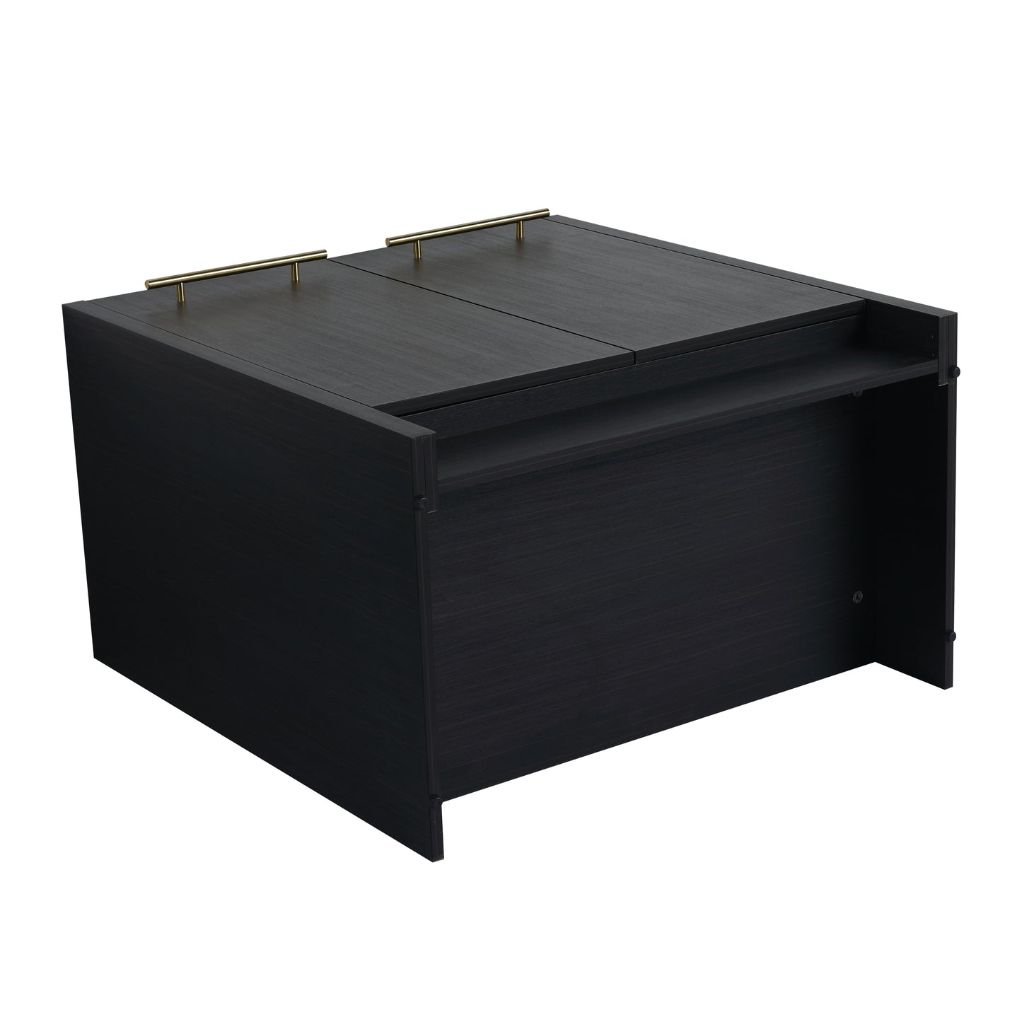Dark oak veneer coffee table with two lifttop panels and brass hardware