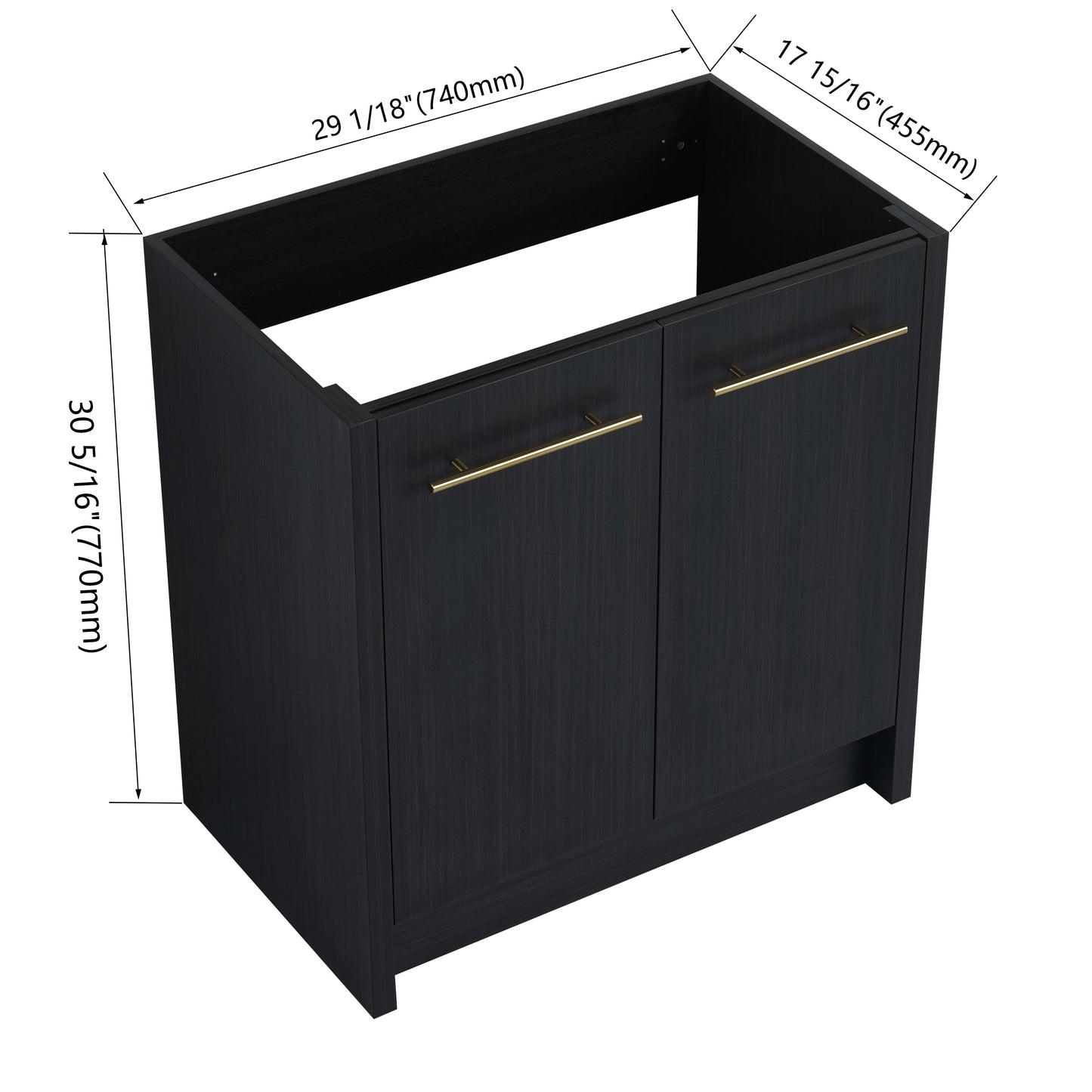 Dark wood bathroom vanity with two gold bar pulls and brushed finish