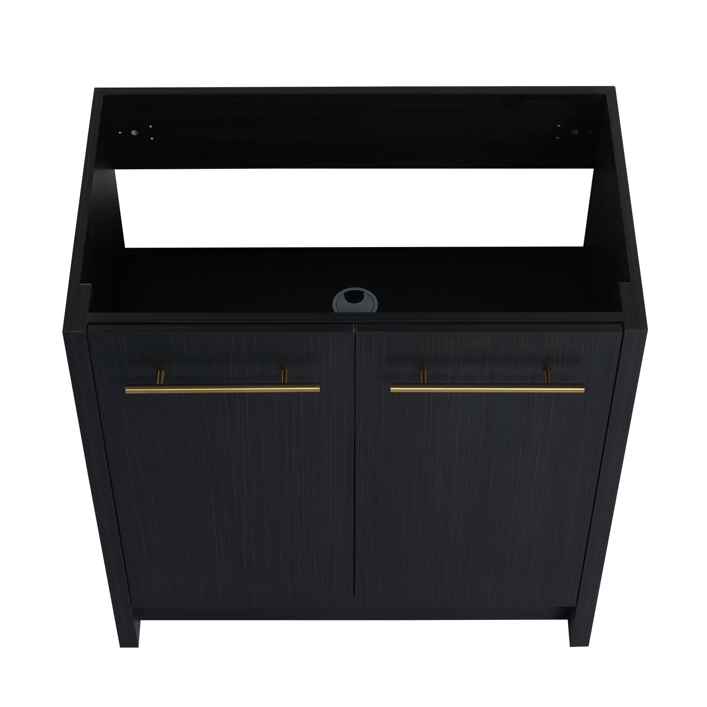 Dark oak veneer cabinet with gold handles and open top shelf