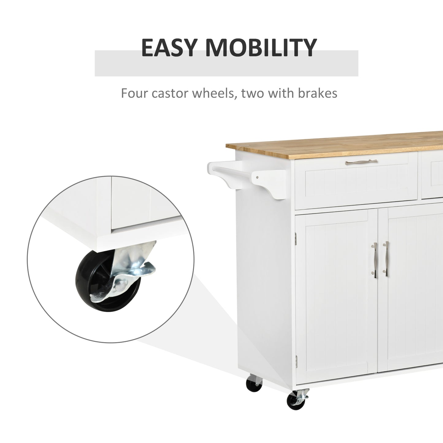 White kitchen island with bamboo top and four caster wheels