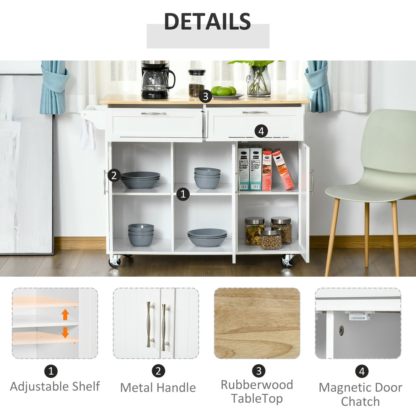 White kitchen cart with rubberwood countertop and adjustable shelves