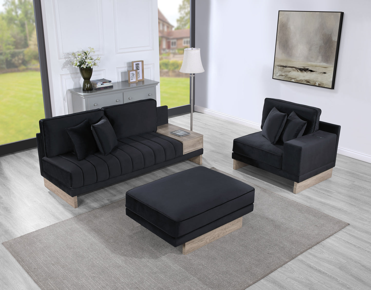 Luxurious black velvet sofa with builtin side table for modern living rooms