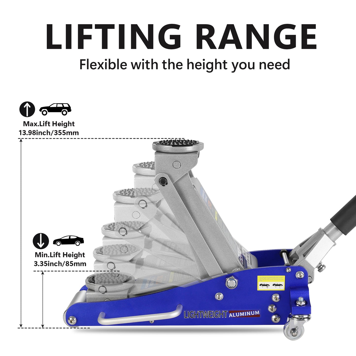Blue and silver lightweight aluminum floor jack capable of lifting cars from to inches