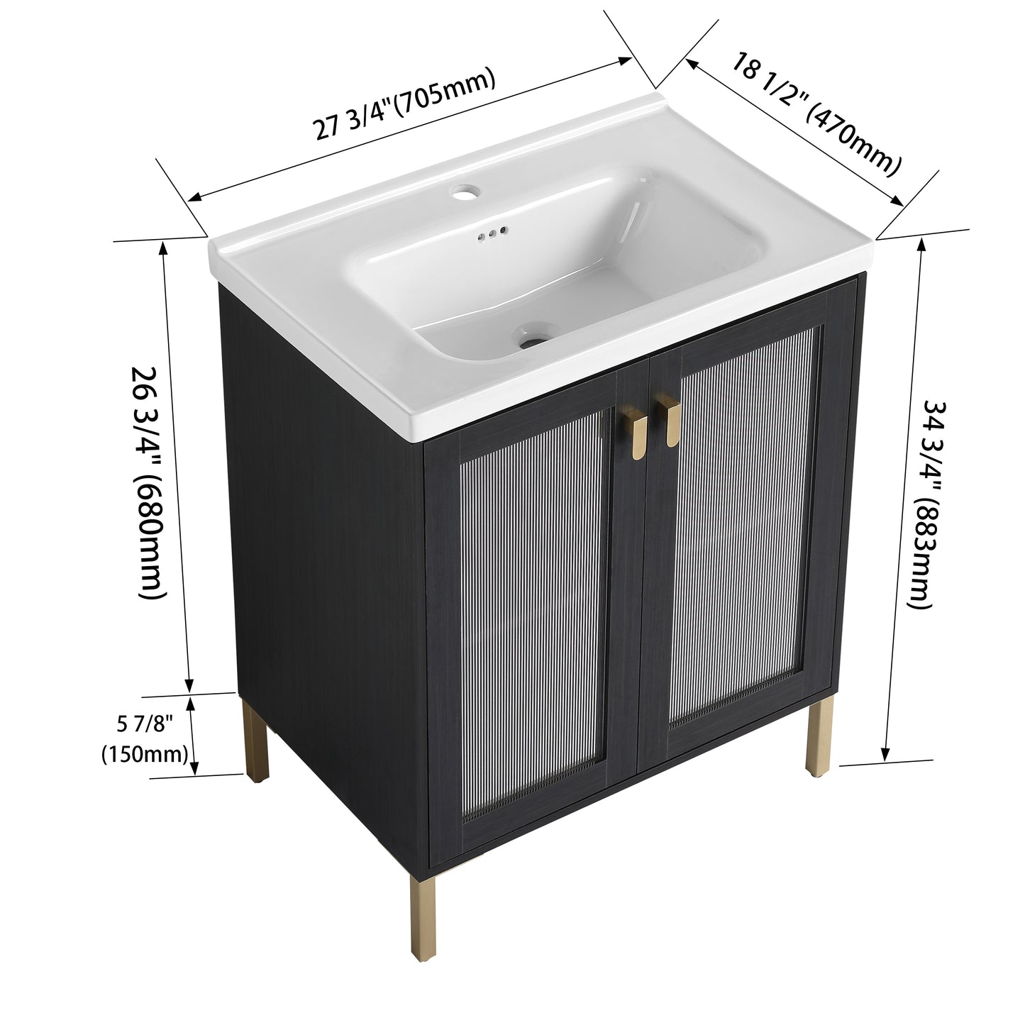 Black vanity cabinet with gold hardware and fluted glass doors dimensions shown