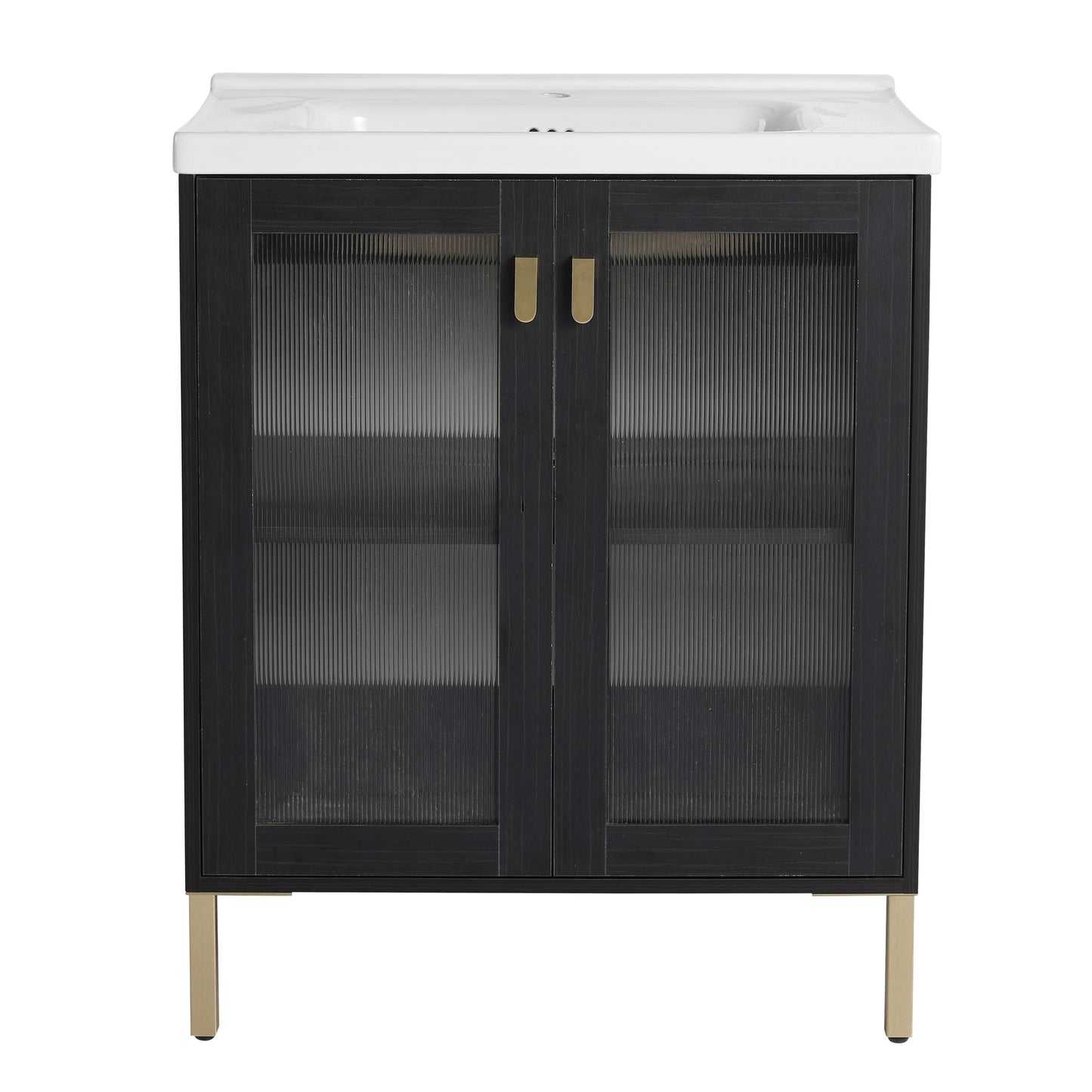 Dark wood bathroom vanity with fluted glass doors and gold hardware