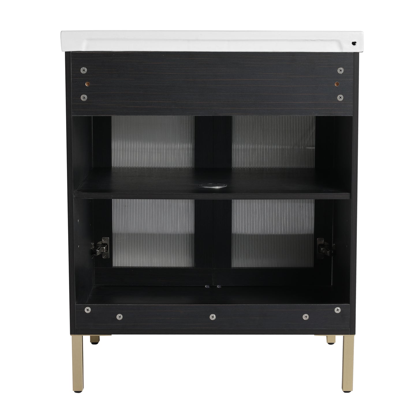 Dark wood bathroom vanity with white ceramic top and brushed gold legs