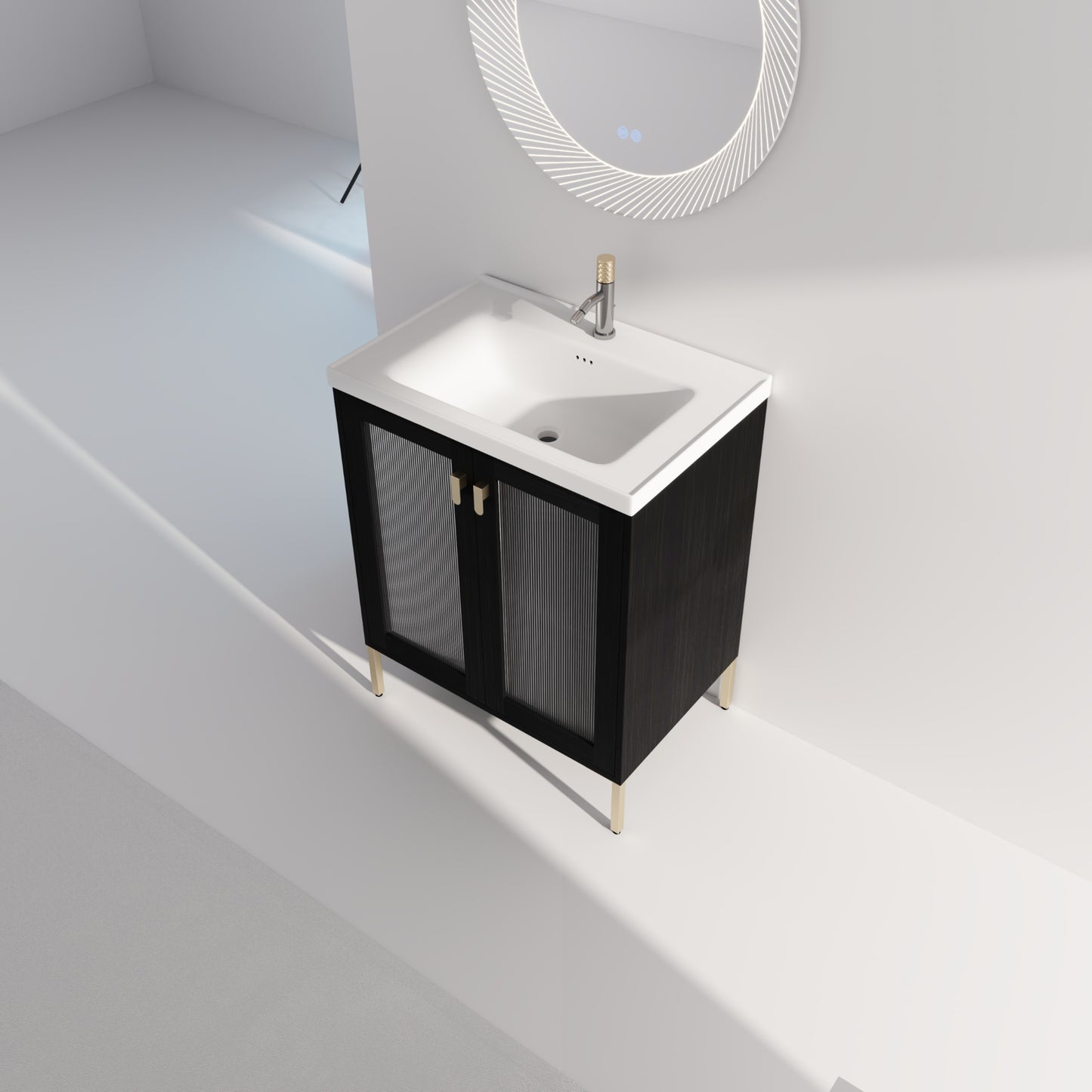 Dark wood vanity with fluted glass doors and gold handles featuring a white ceramic sink