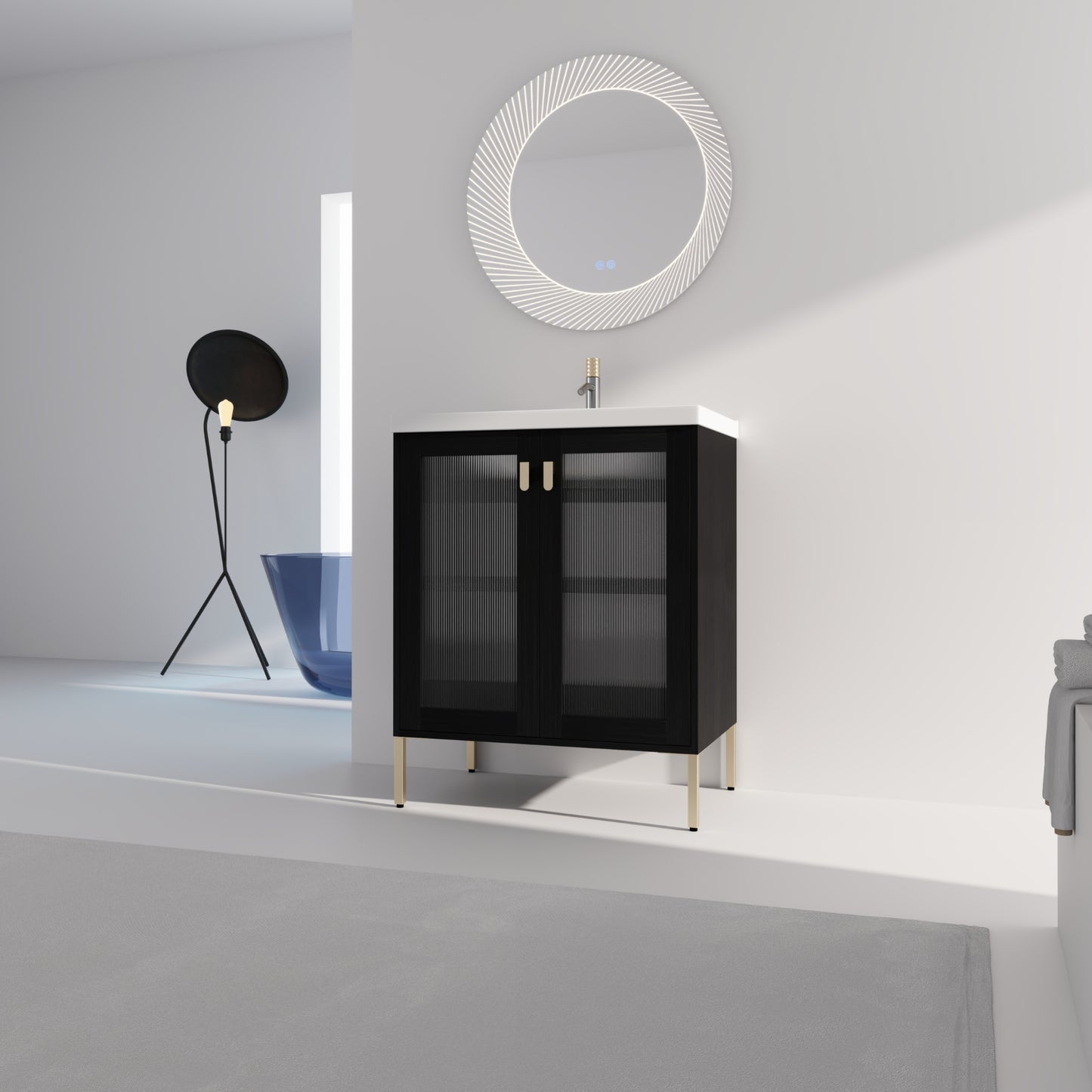 Black fluted glass vanity cabinet with gold handles and legs modern bathroom storage