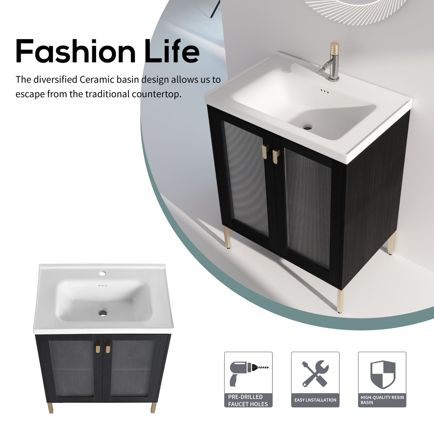 Modern black vanity with white ceramic basin and gold accents