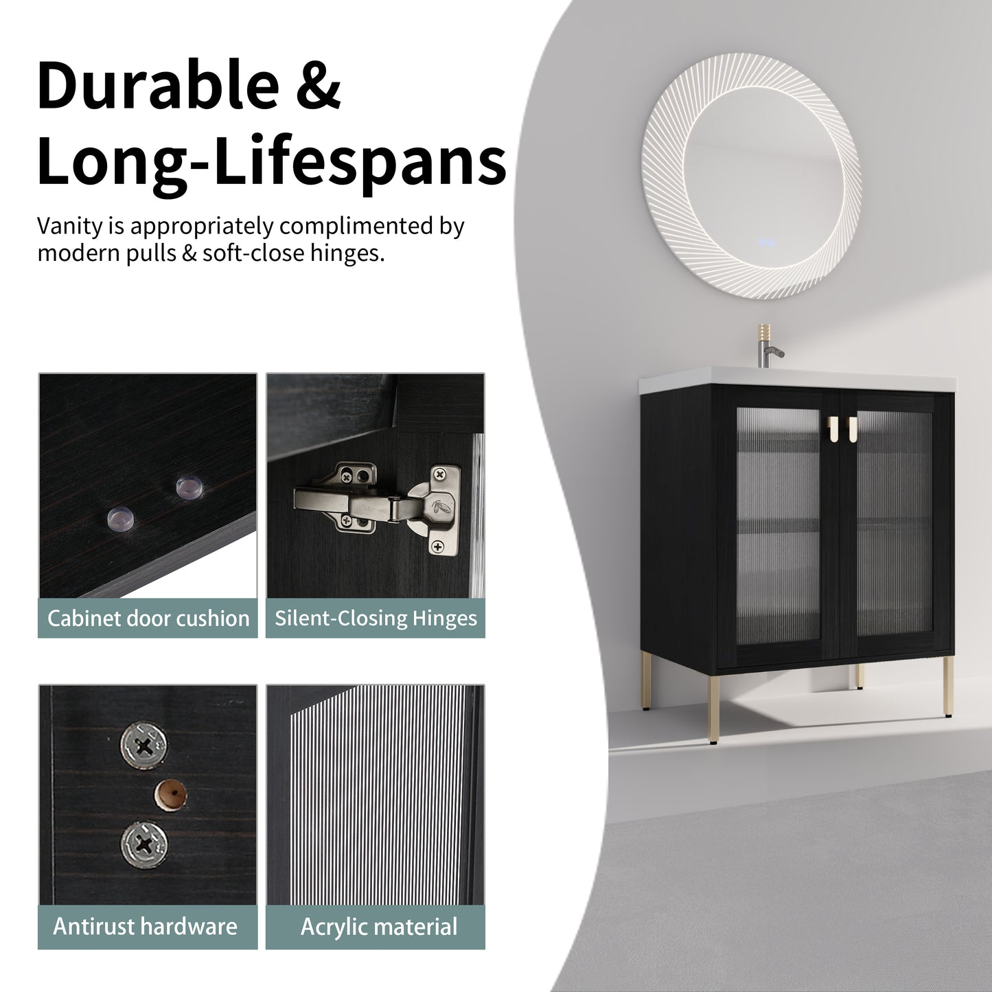 Black bathroom vanity with fluted glass doors and gold legs Features softclose hinges