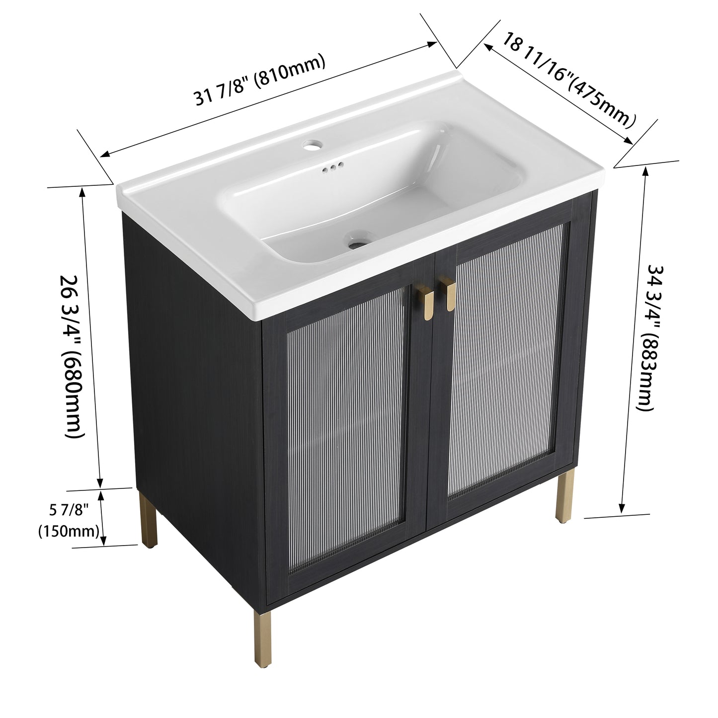 Black vanity cabinet with ribbed glass doors and gold handles wide