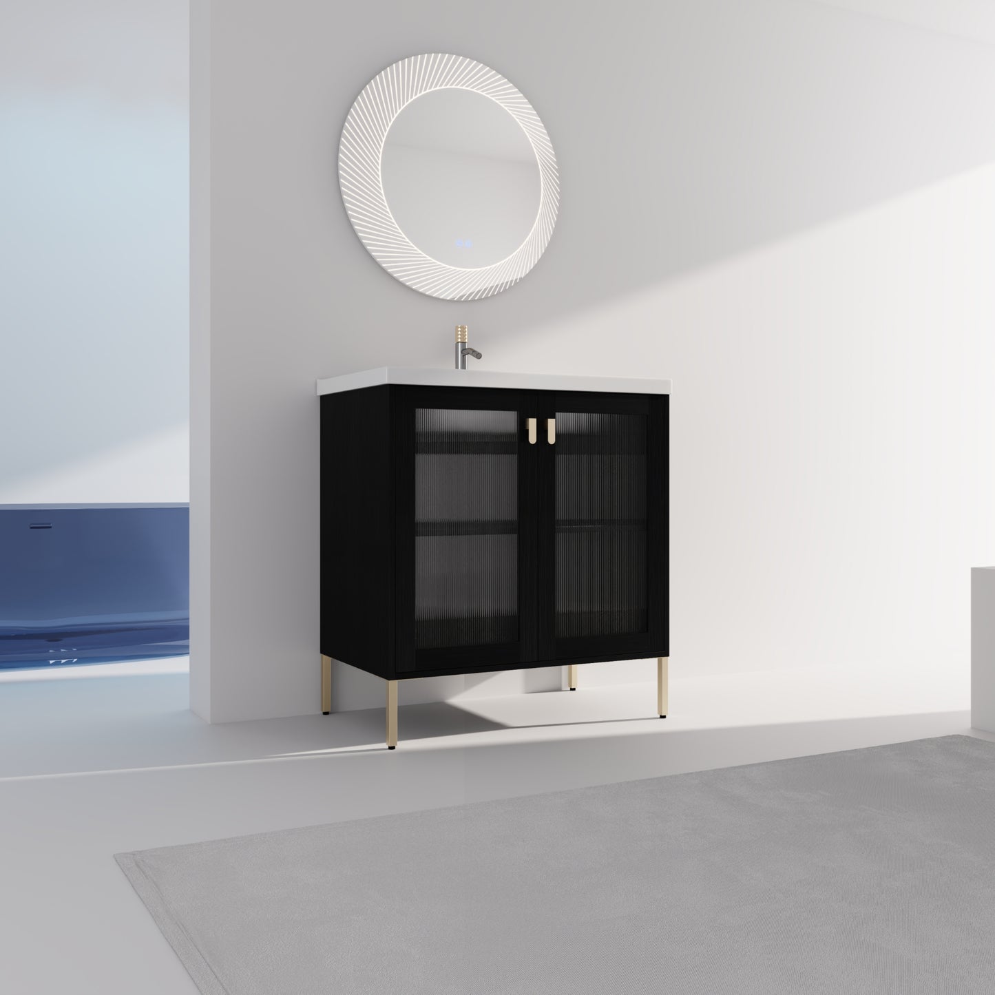 Black vanity cabinet with fluted glass doors and gold legs modern bathroom design