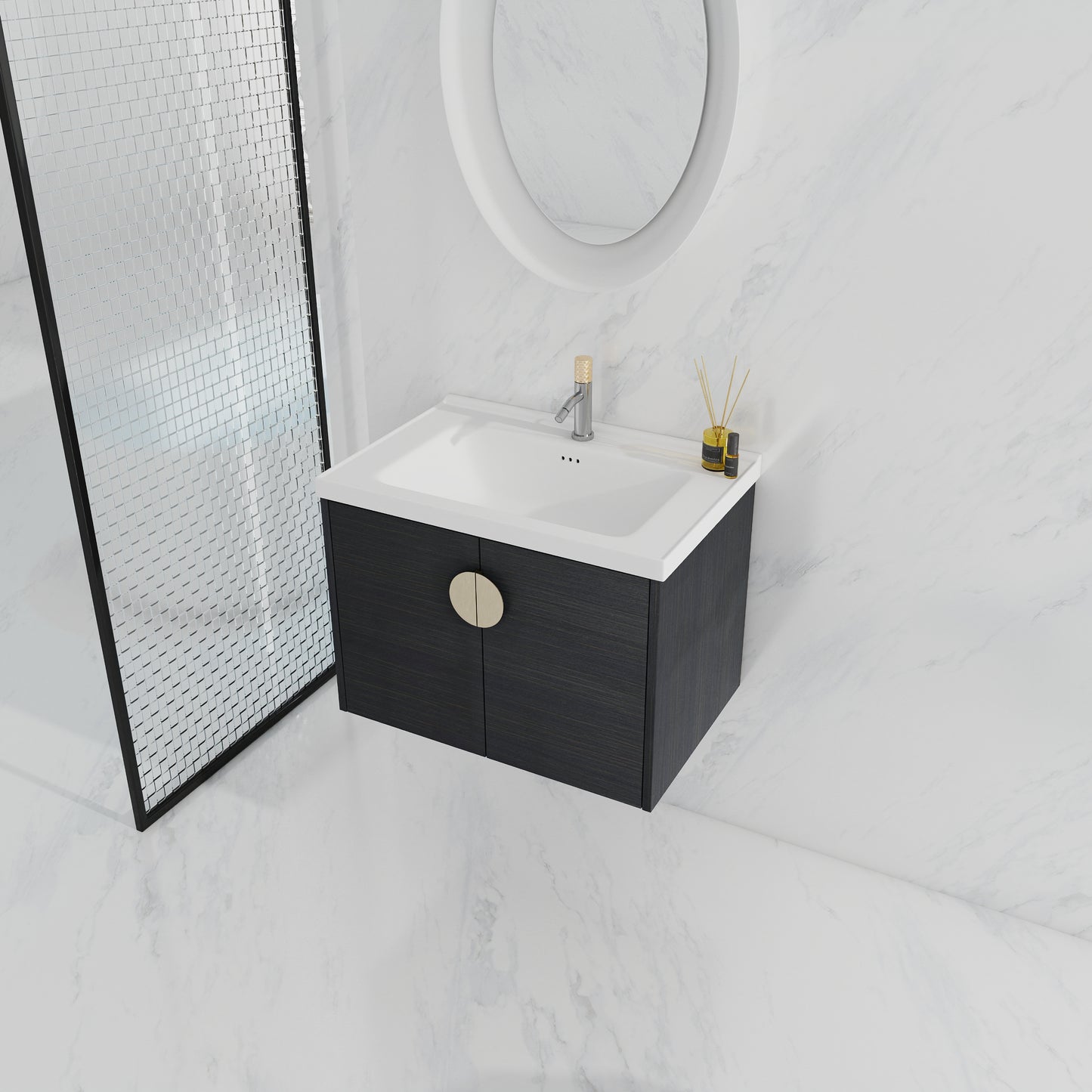 Dark wood floating vanity with gold oval handles and white ceramic sink
