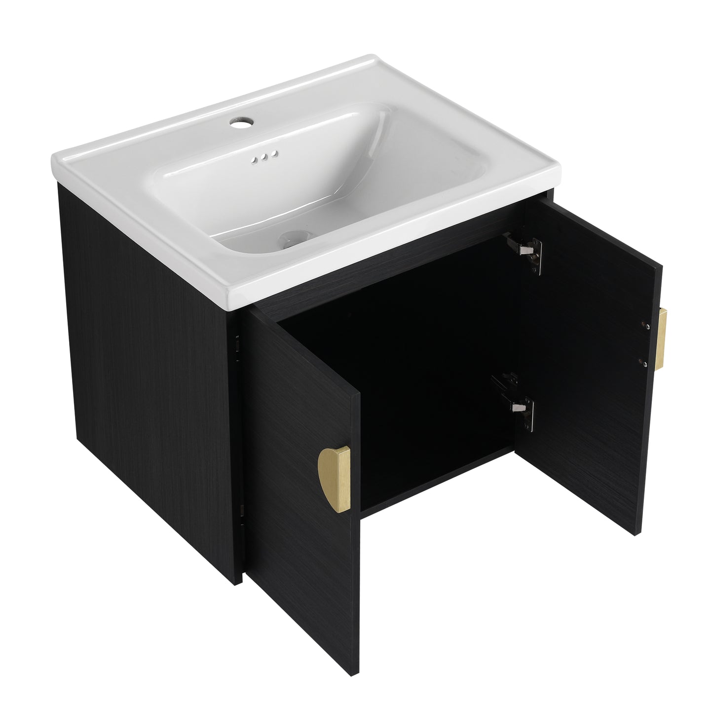 Modern black wood bathroom vanity with white ceramic sink and brass handles