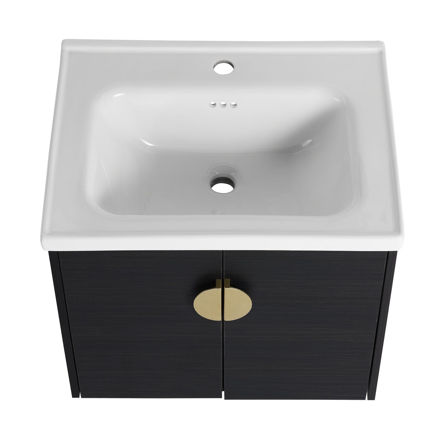 Modern white ceramic bathroom vanity with dark wood cabinet and brass handles