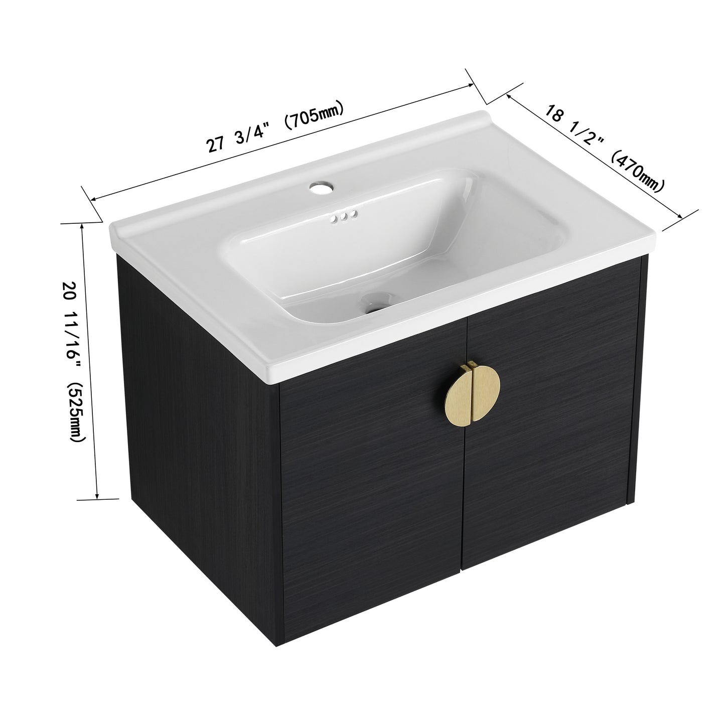 Modern black vanity with gold pull wide ceramic sink and basin