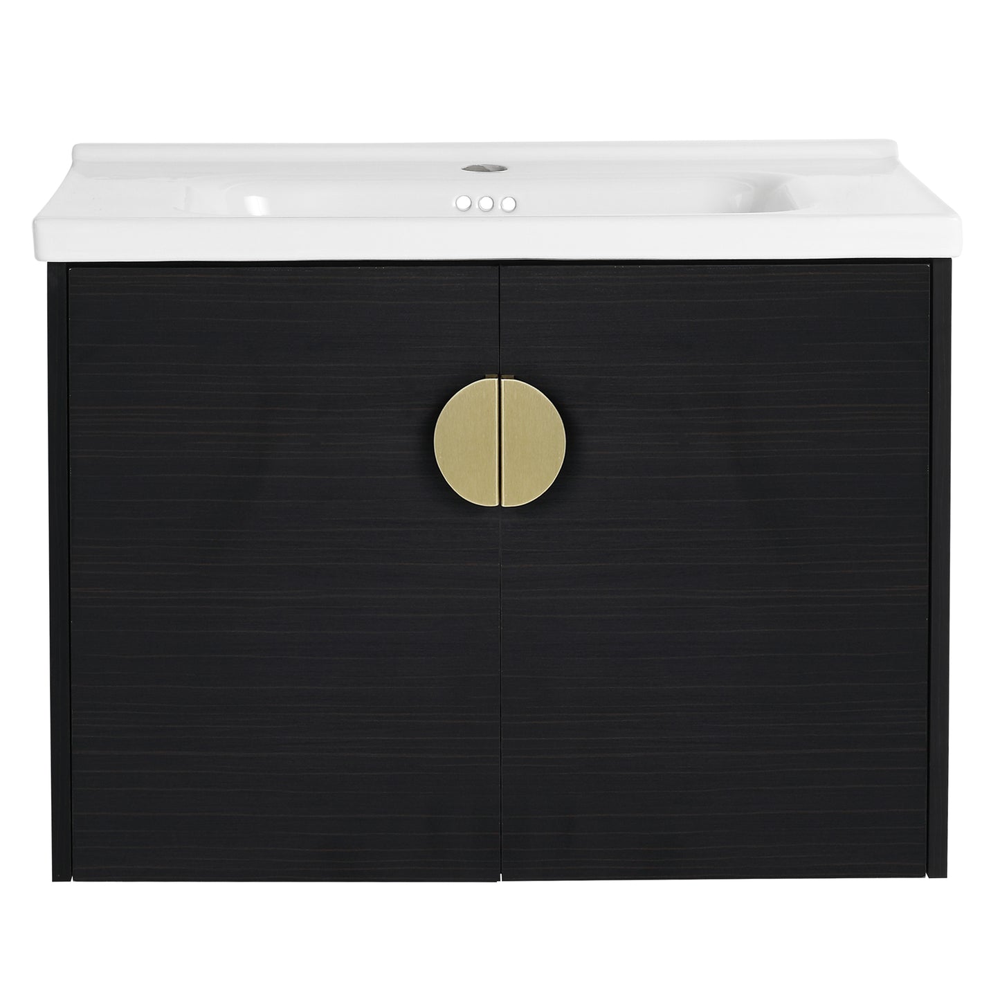 Dark wood vanity with brass circular pulls featuring a white integrated sink and three faucet holes