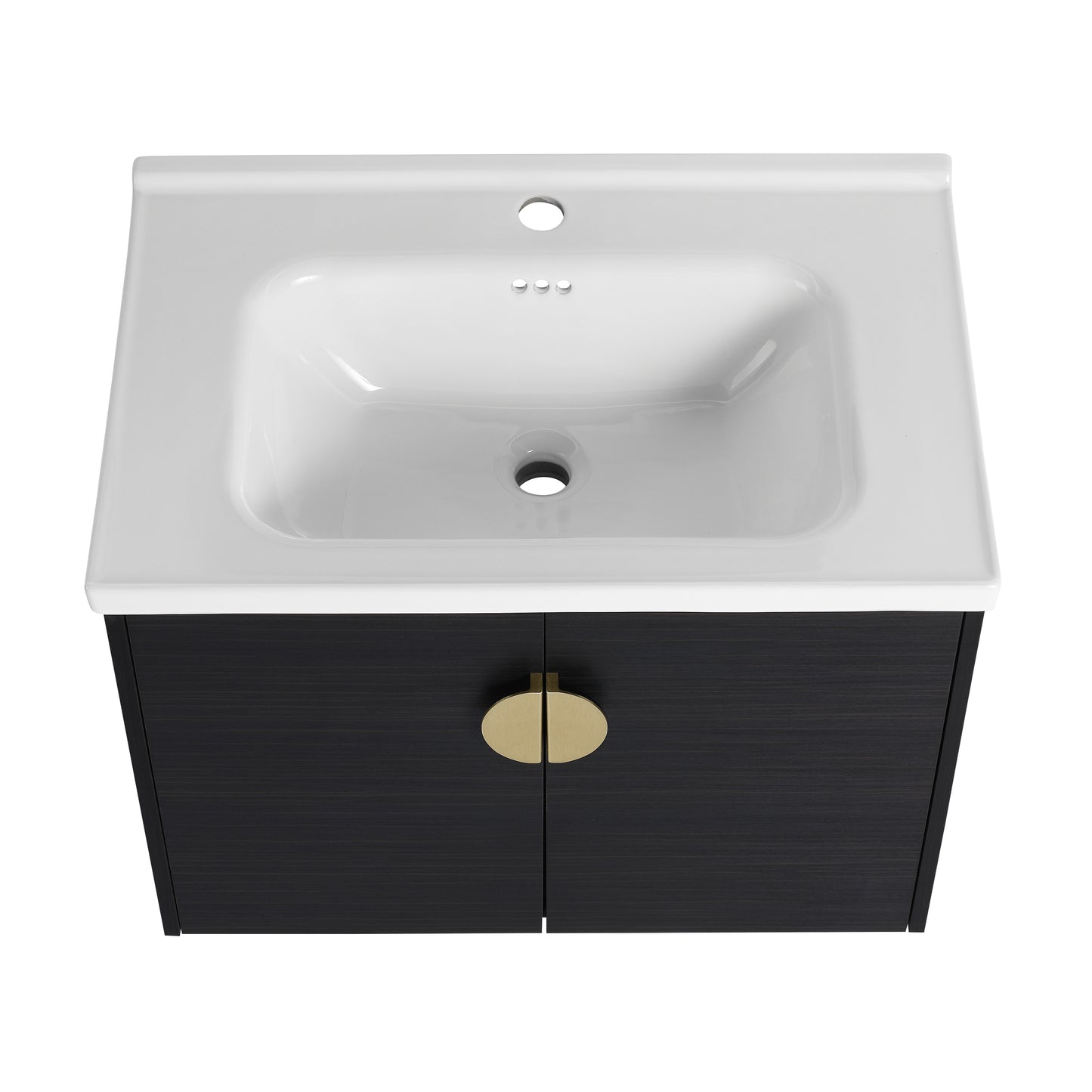 White ceramic sink with dark wood vanity and gold pull handles