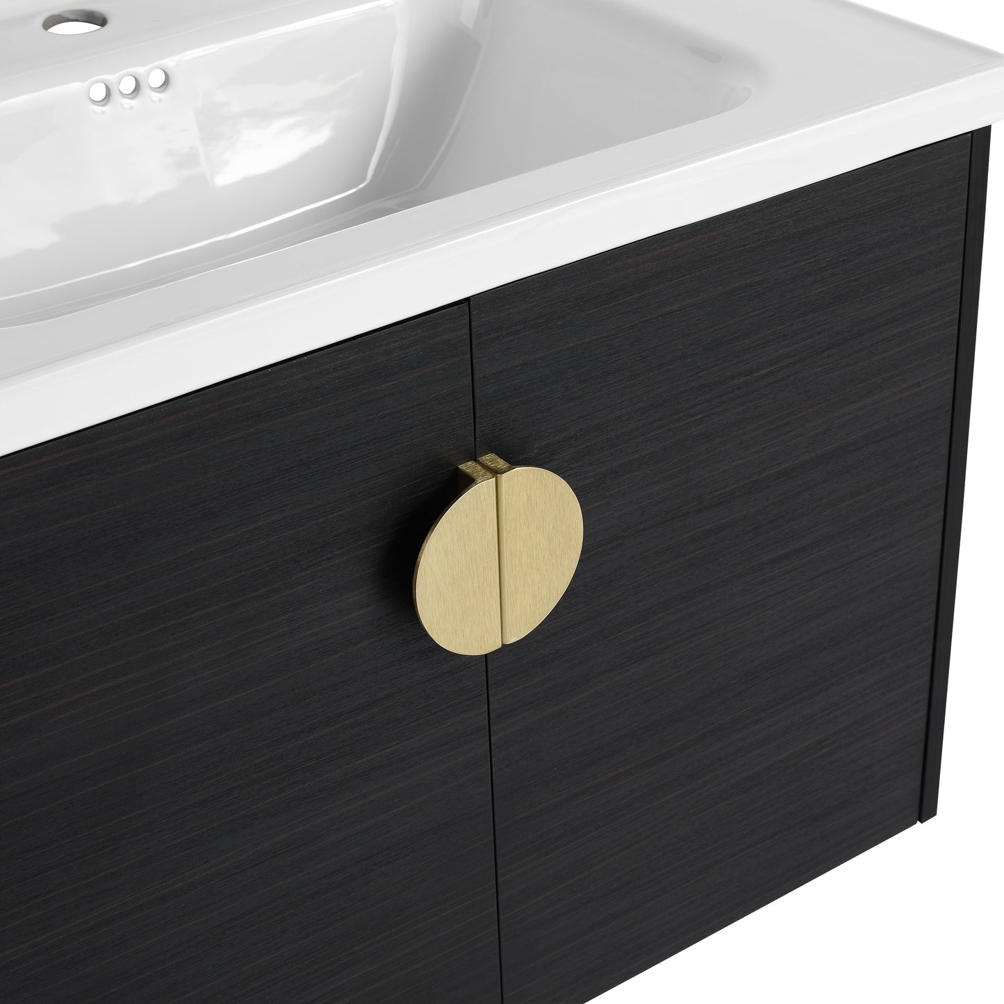 Dark wood bathroom vanity with brushed gold round handles and a white ceramic sink