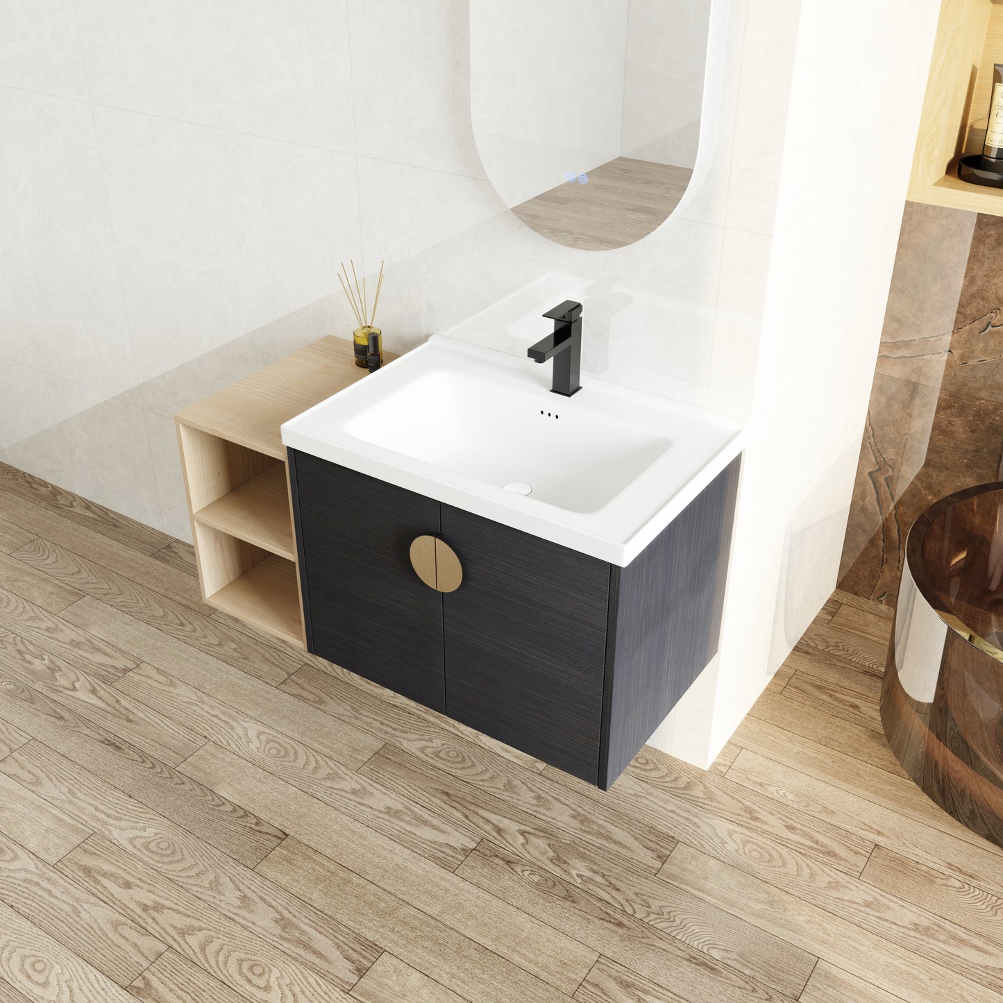 Dark wood vanity with gold circular handle and white ceramic sink modern bathroom