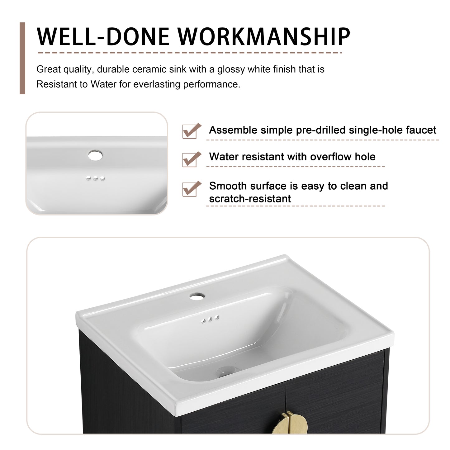 Glossy white ceramic sink with singlehole faucet drilling and overflow mounted on a dark wood vanity