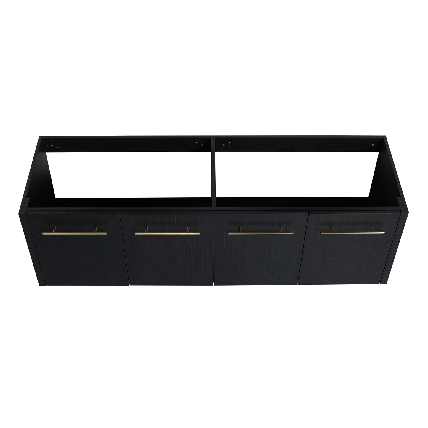Black wood bathroom vanity with four drawers and brass hardware
