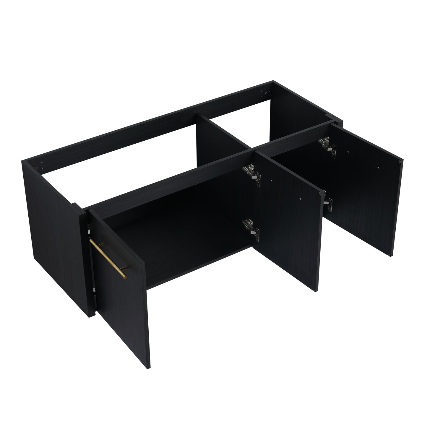 Black wooden vanity base with brass handles and open cabinet doors