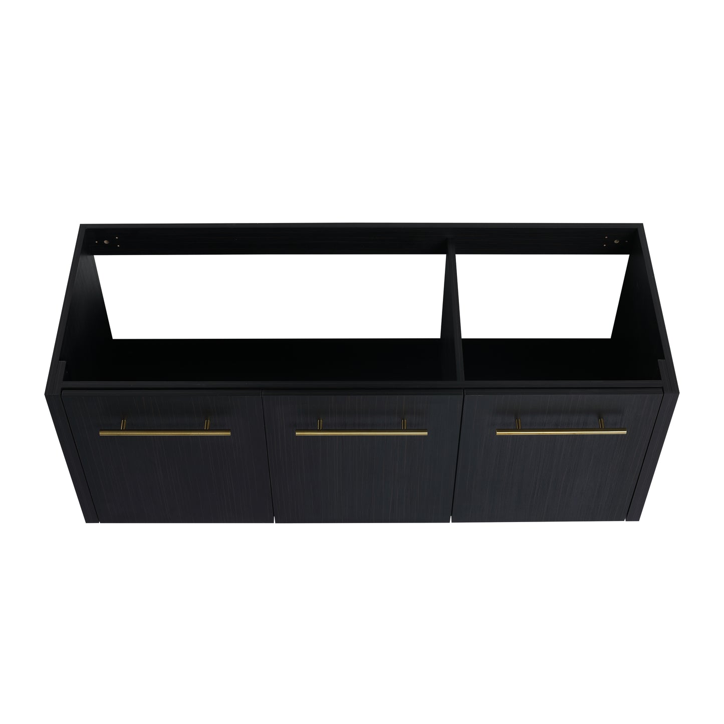 Dark wood vanity cabinet with three drawers and brass hardware