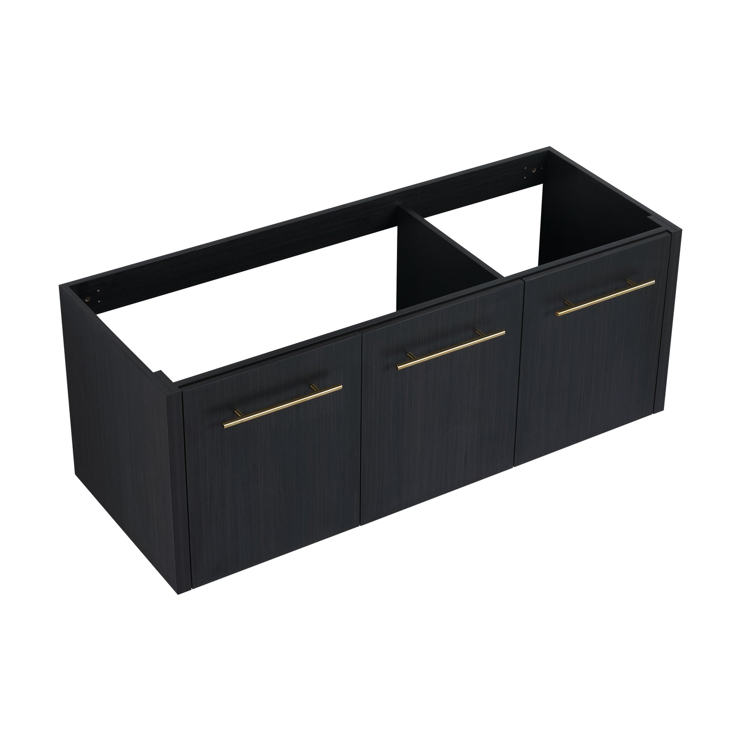 Black wooden vanity cabinet with three drawers and gold pulls