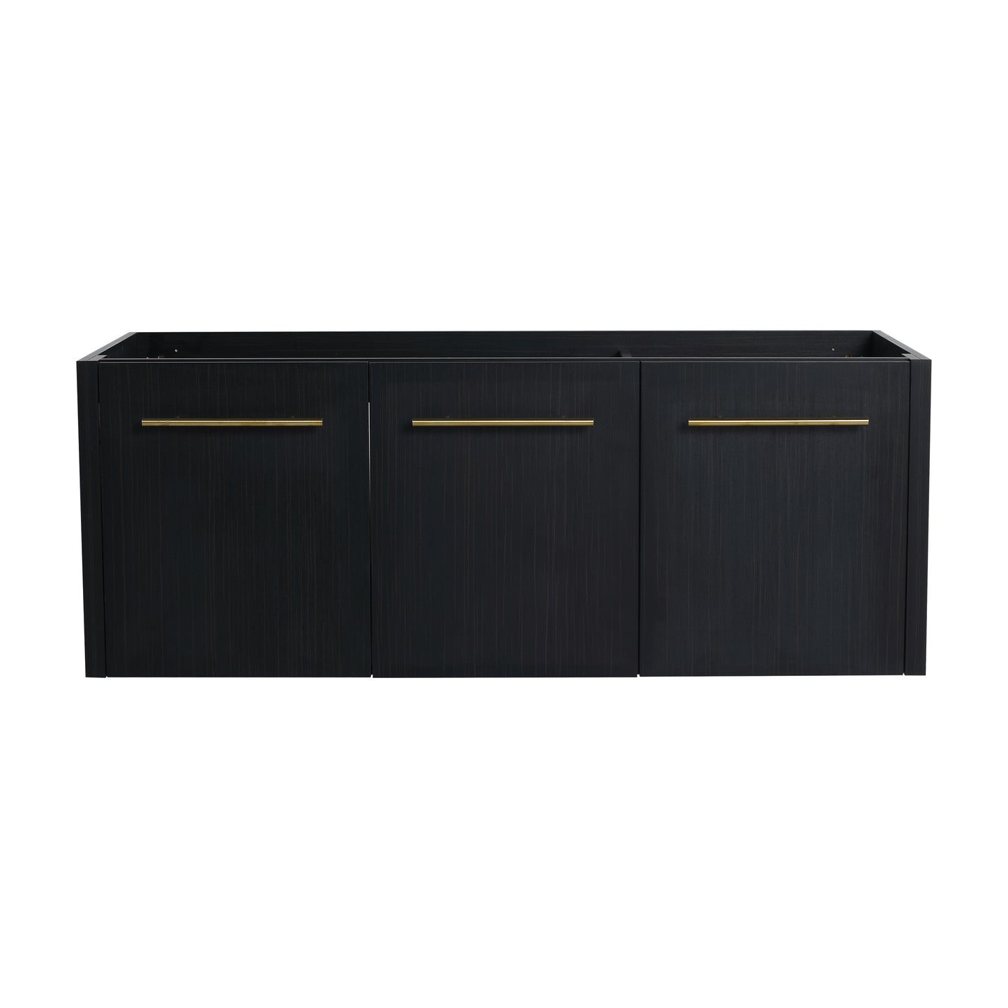 Dark wood vanity cabinet with three doors and brushed gold bar pulls