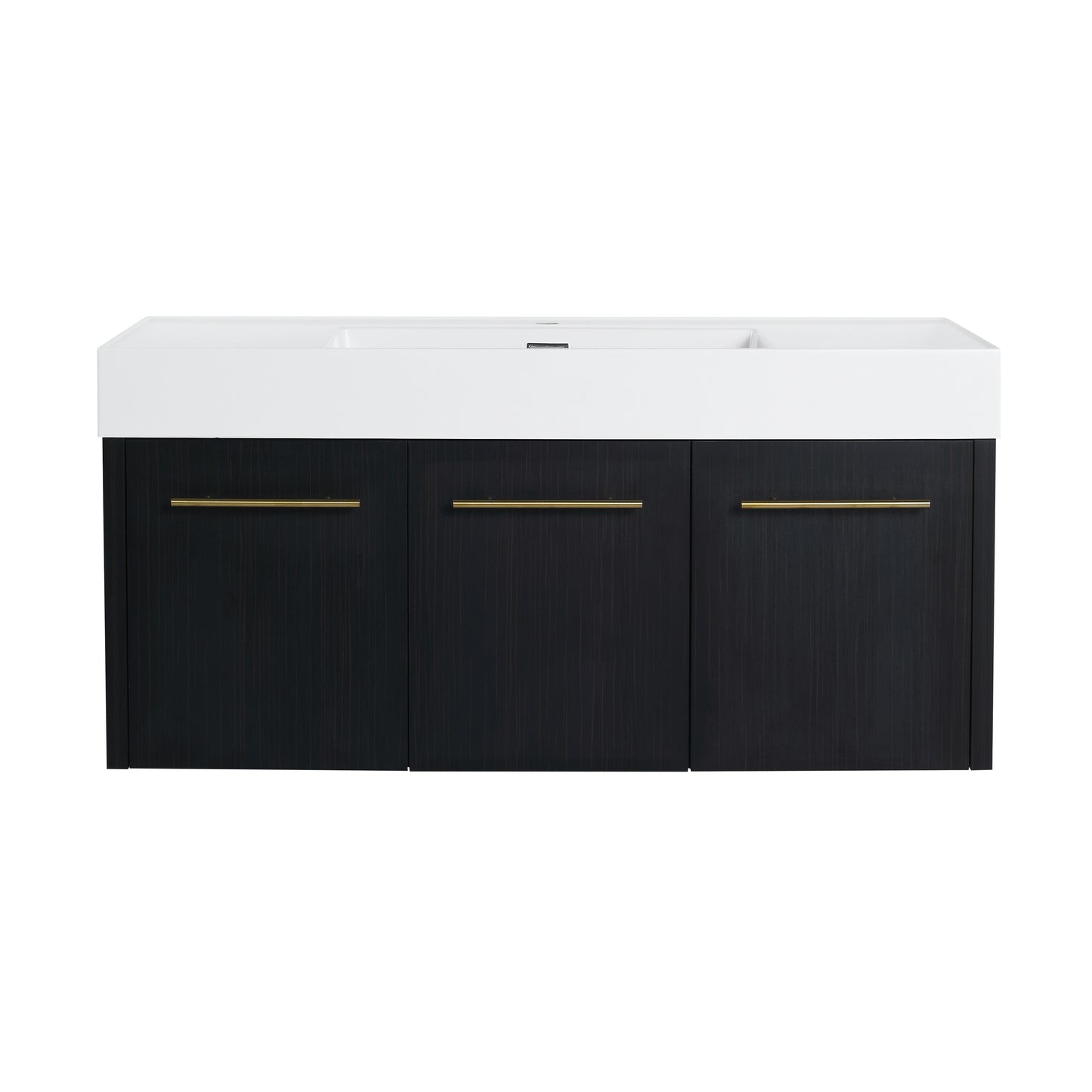 Modern black vanity with double sink and gold hardware ideal for contemporary bathrooms