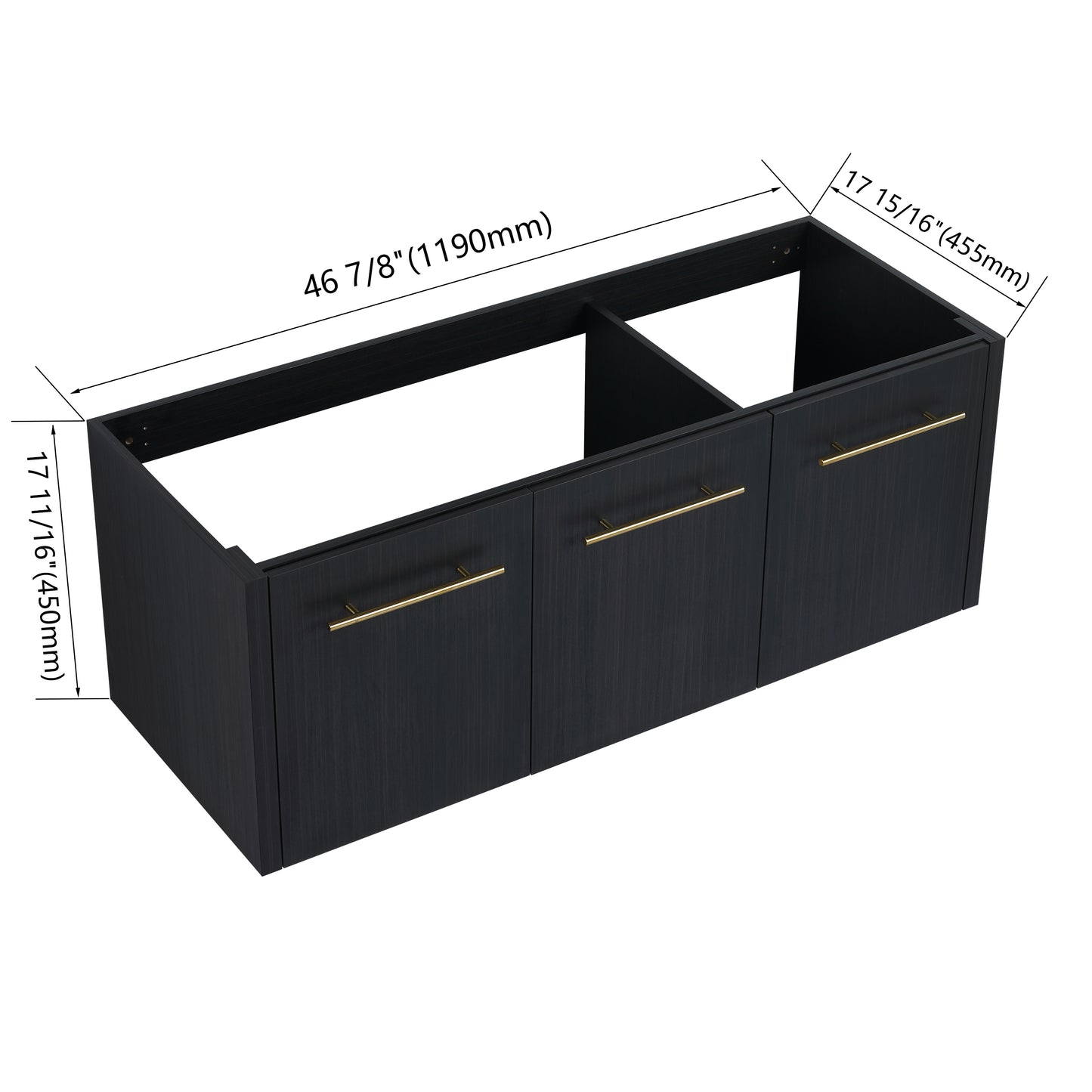 Dark wood vanity cabinet with gold handles inches wide