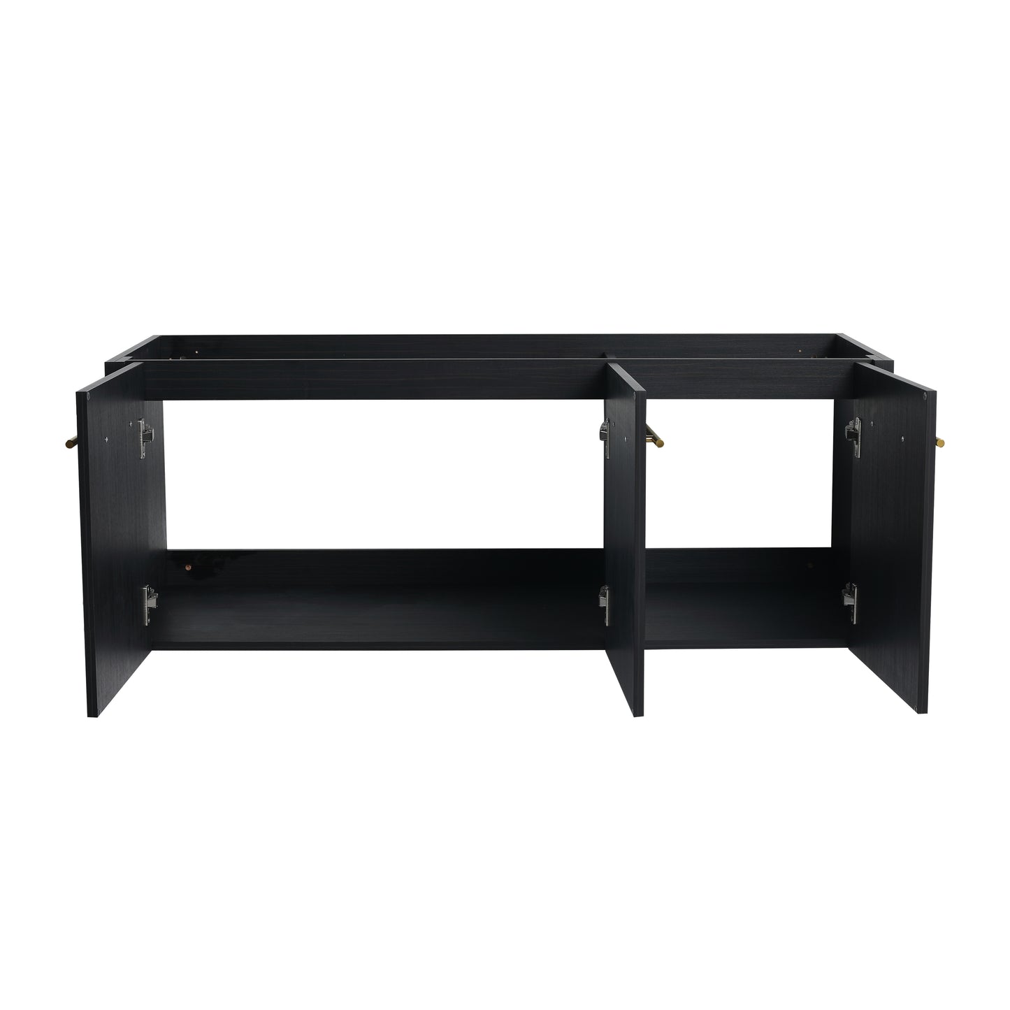 Dark wood vanity base cabinet with brushed brass hardware open doors revealing storage