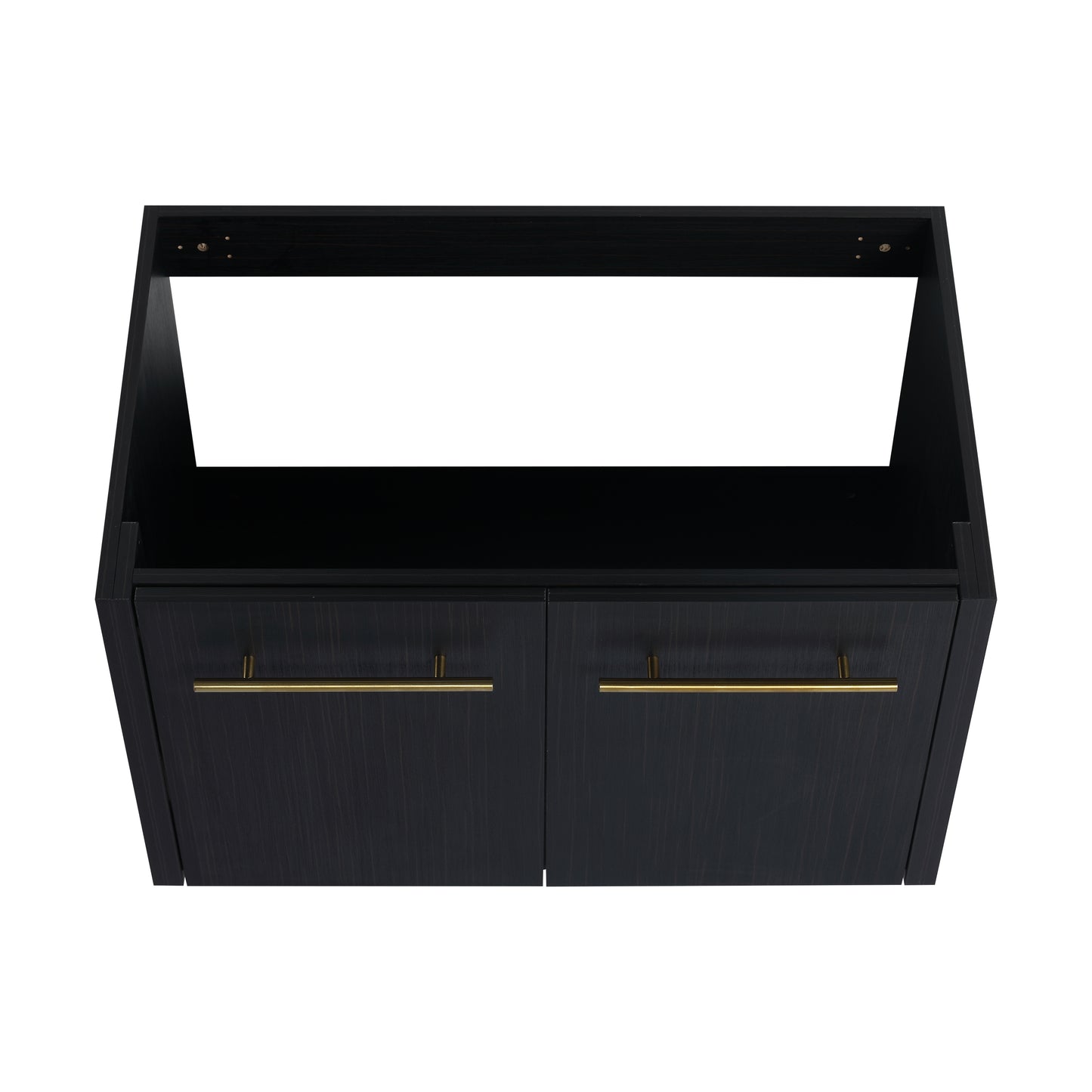 Dark wood vanity cabinet with two drawers and brushed gold pulls