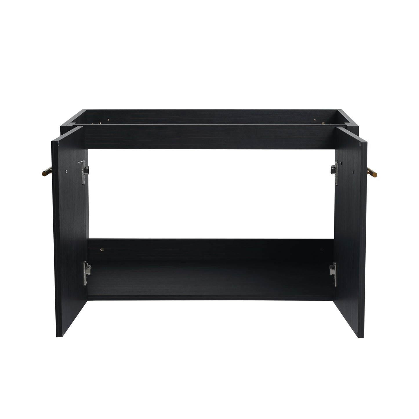 Dark wood cabinet base with two open doors and brass handles