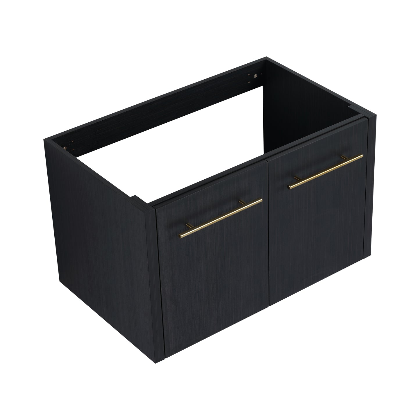 Dark wood bathroom vanity with two doors and gold bar pulls