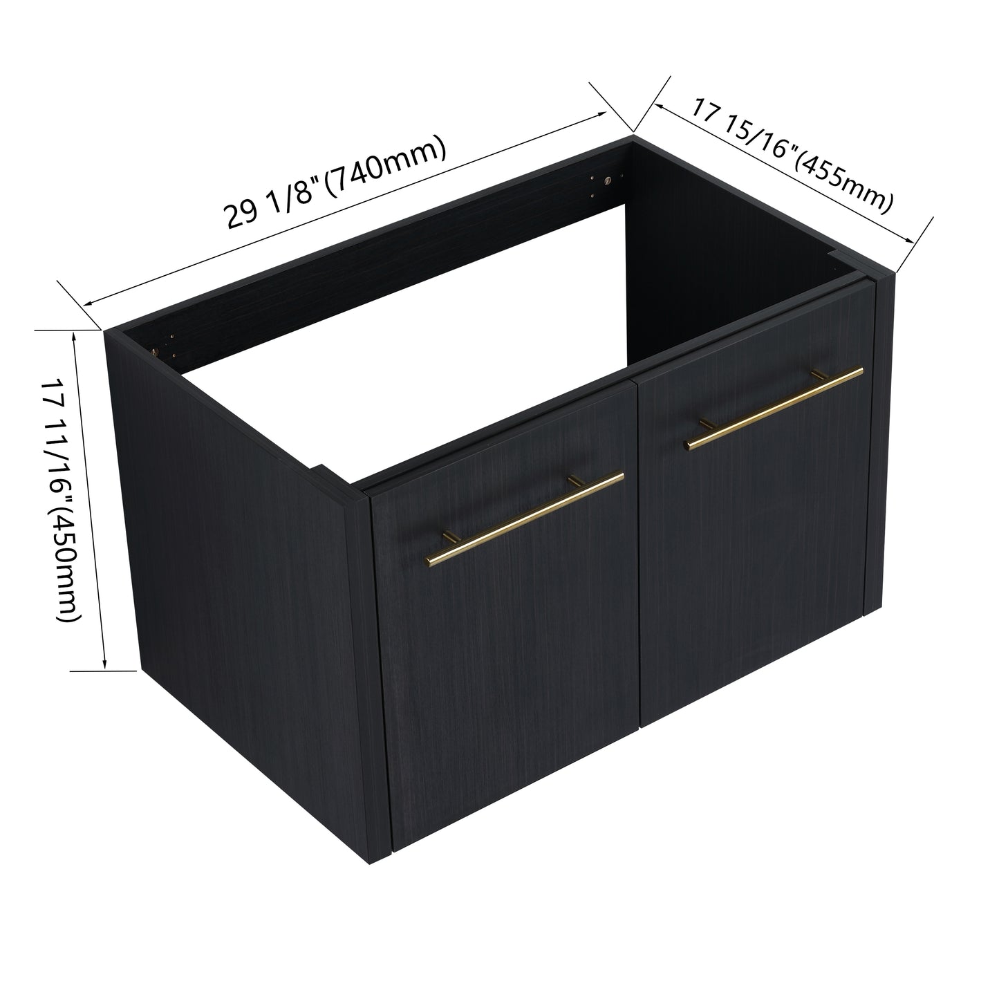 Dark wood vanity cabinet with two doors and gold hardware wide