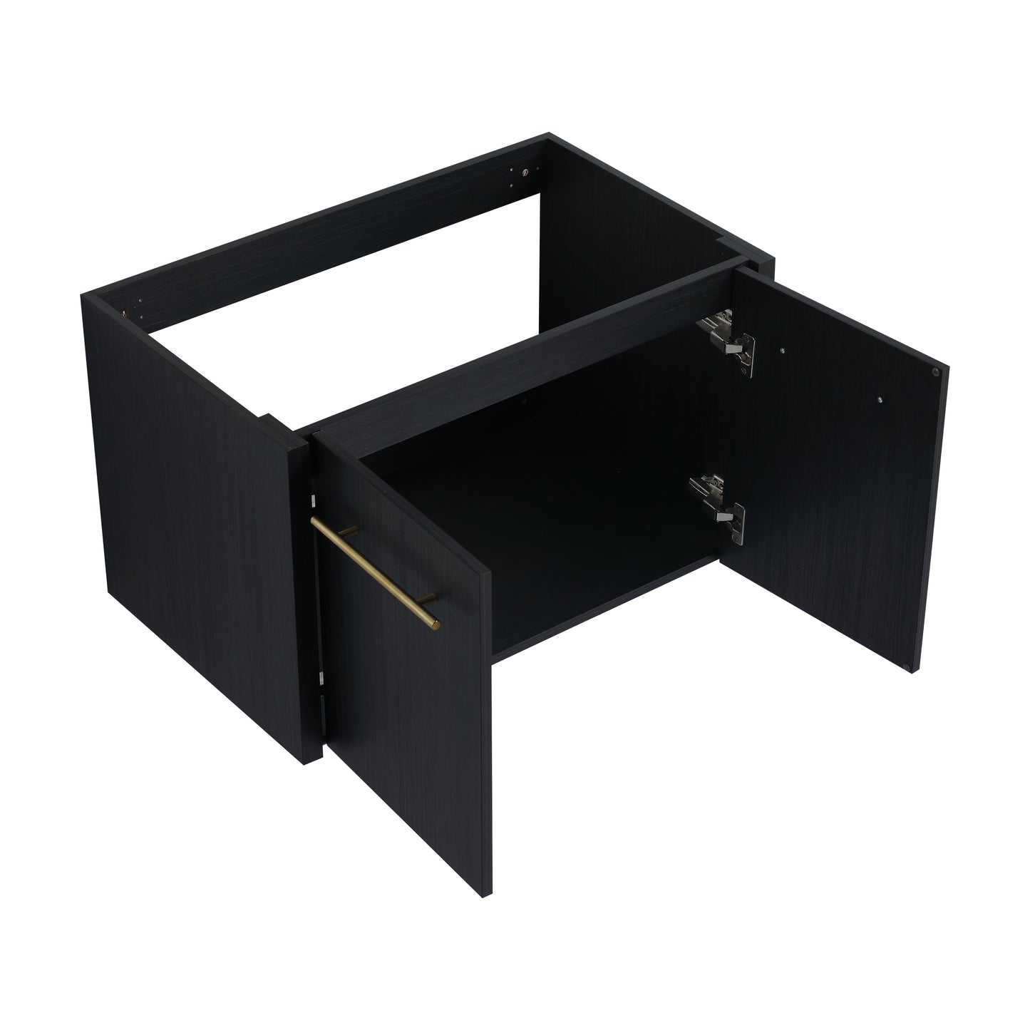 Black woodgrain cabinet base with brass pull
