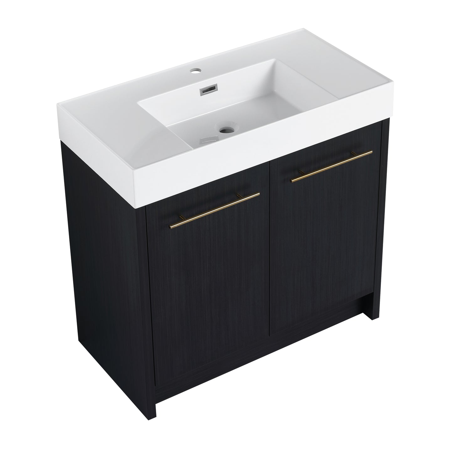 Modern black vanity with white ceramic sink and gold hardware
