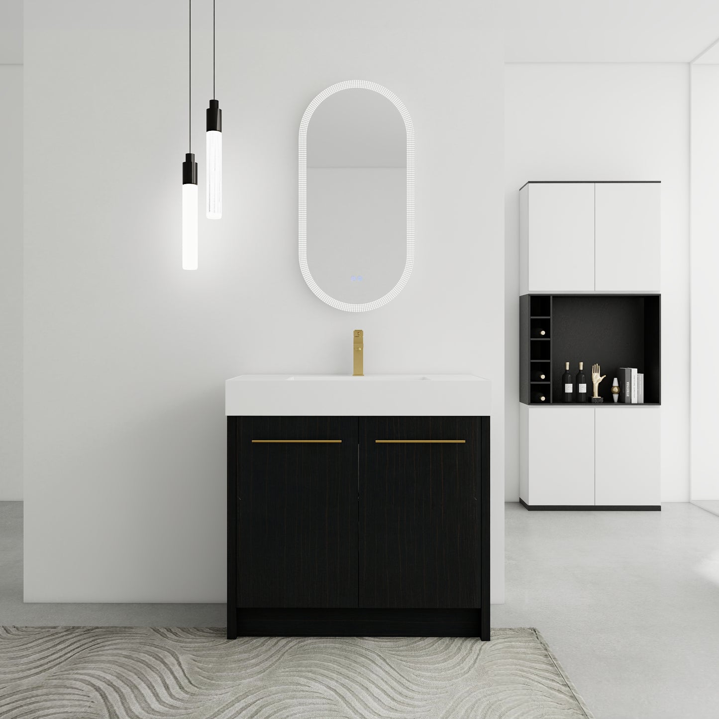 Modern dark wood bathroom vanity with white countertop and gold hardware