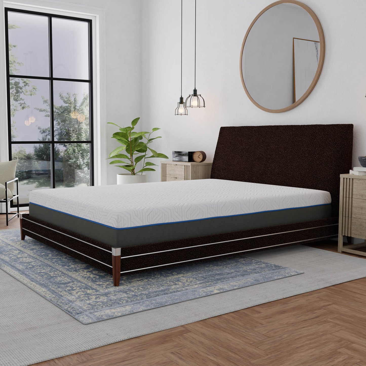 White and grey patterned memory foam mattress with blue trim on dark platform bed