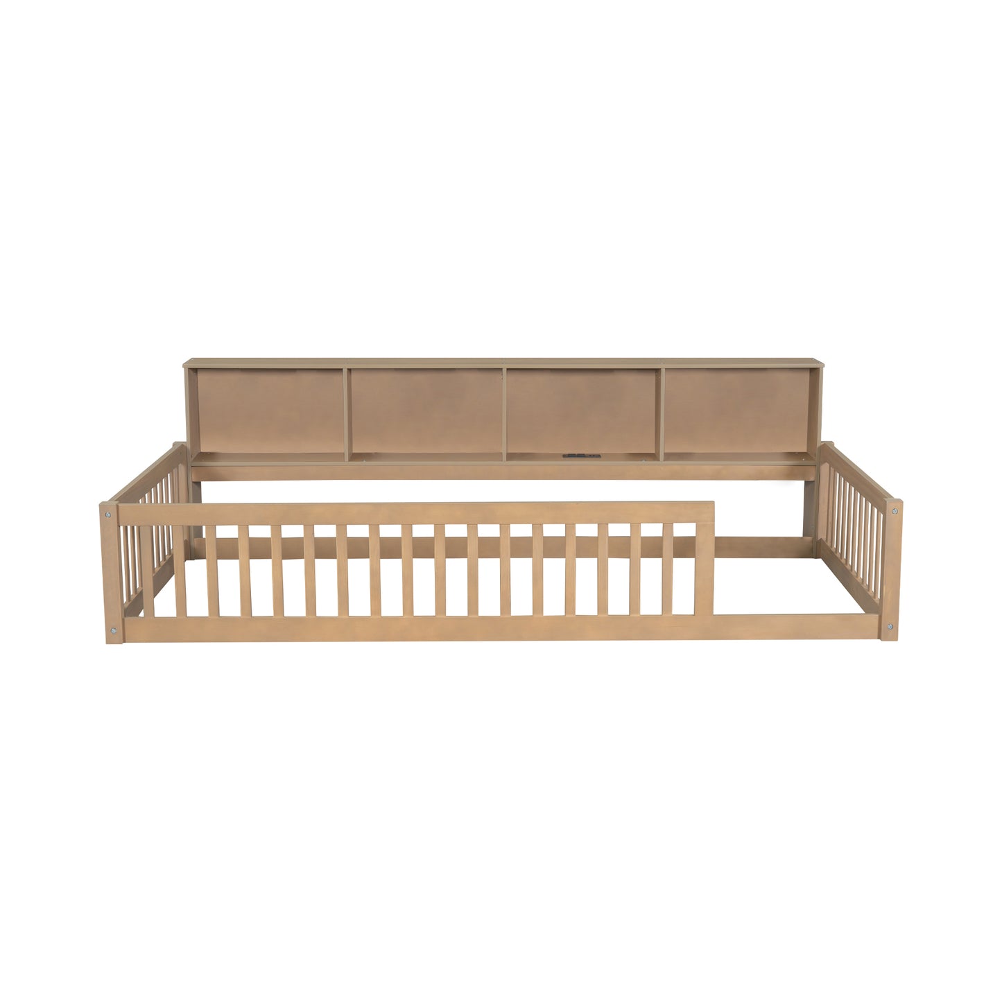 Light oak daybed frame with guardrails and integrated shelving unit