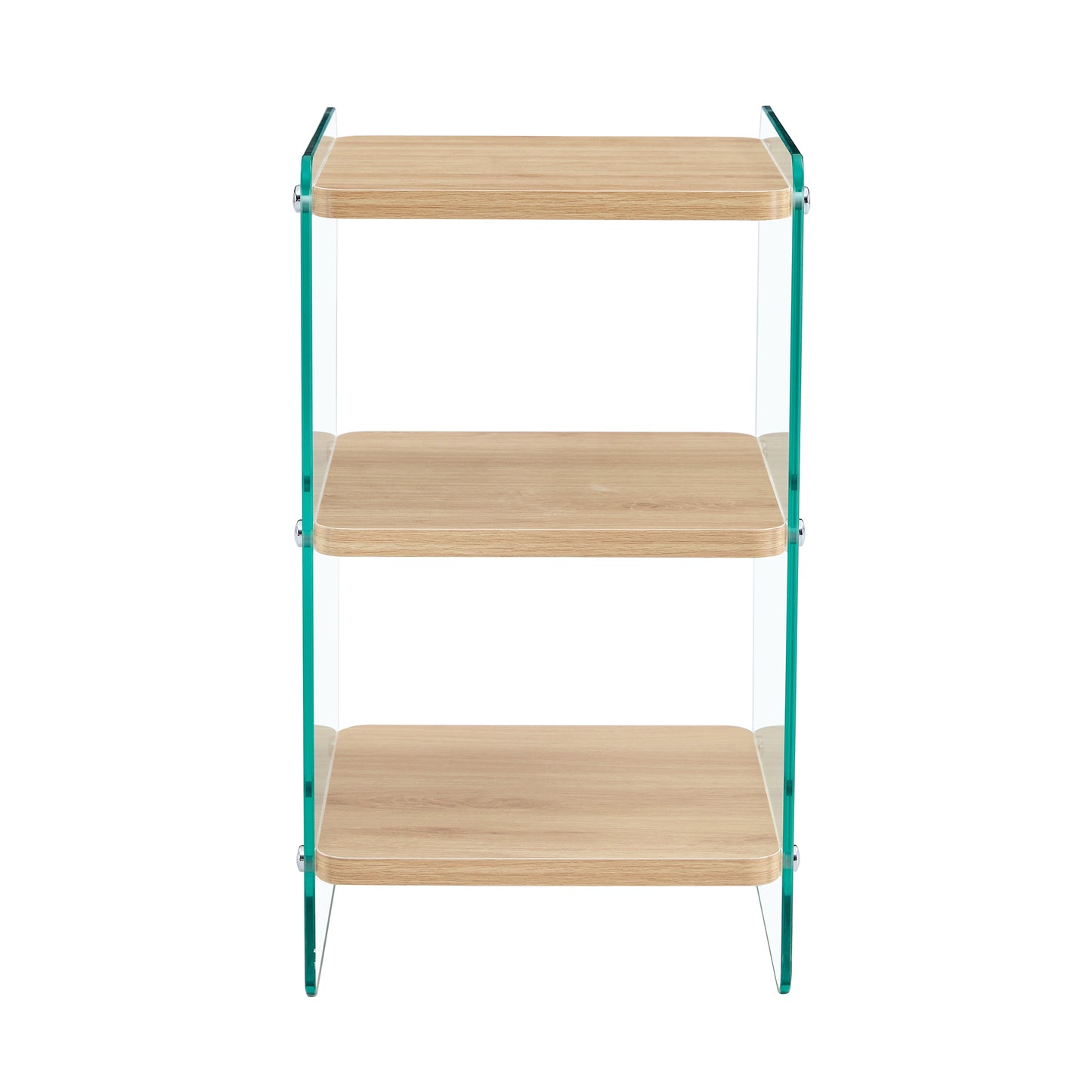 Threetier clear glass shelf with light wood veneer shelves and chrome hardware