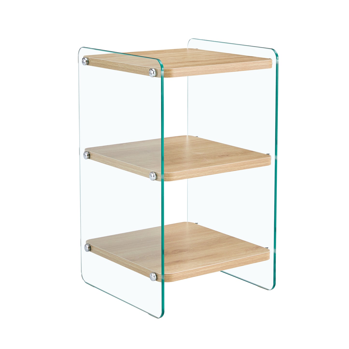 Modern glass end table with three light oak shelves perfect for living rooms