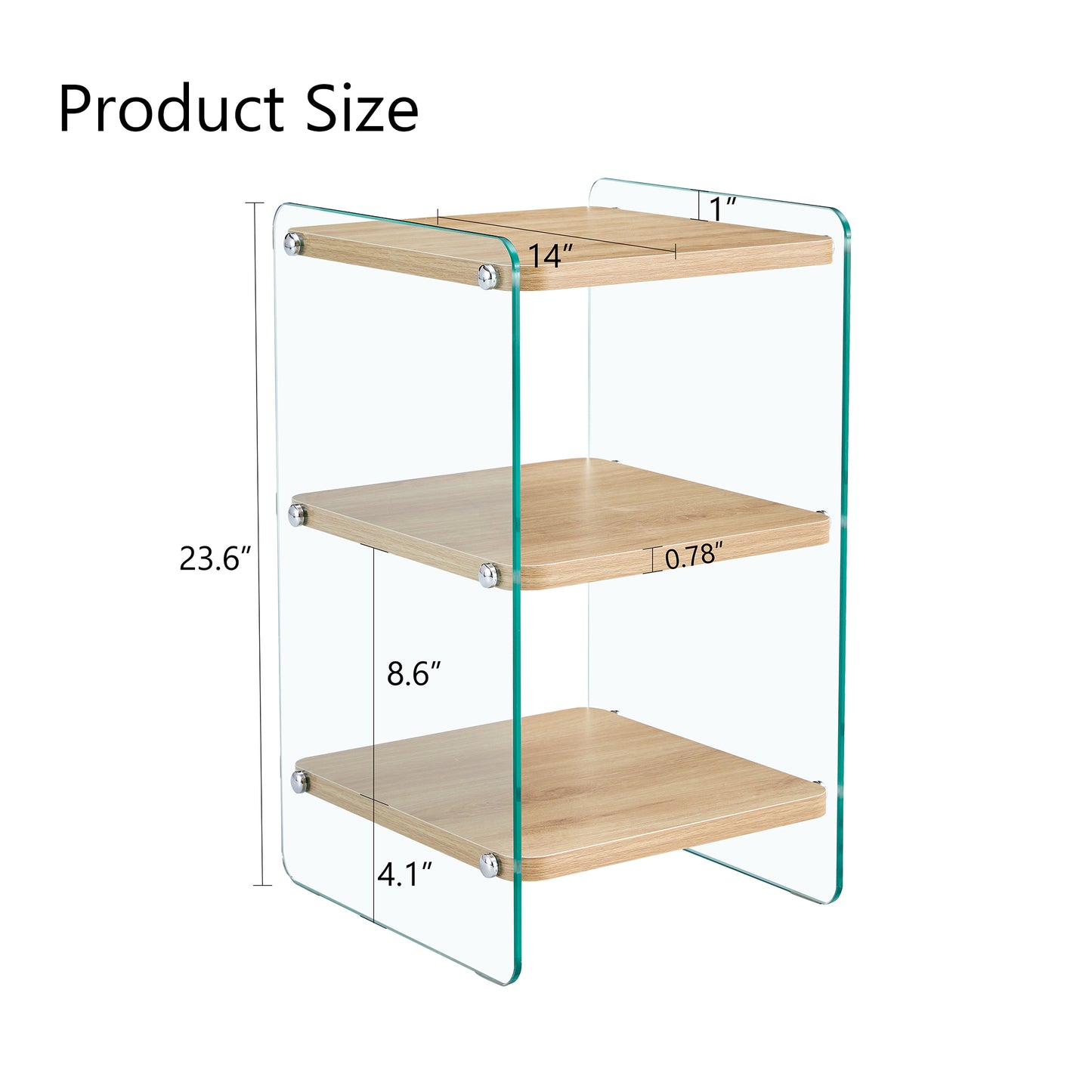 Modern glass end table with three oakfinish shelves tall perfect for living room