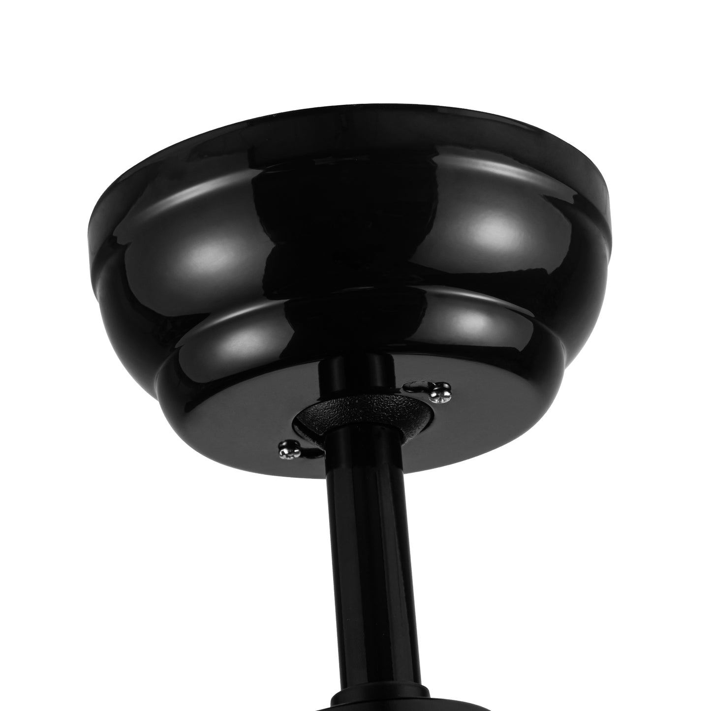 Glossy black ceiling fan canopy with a modern sleek design