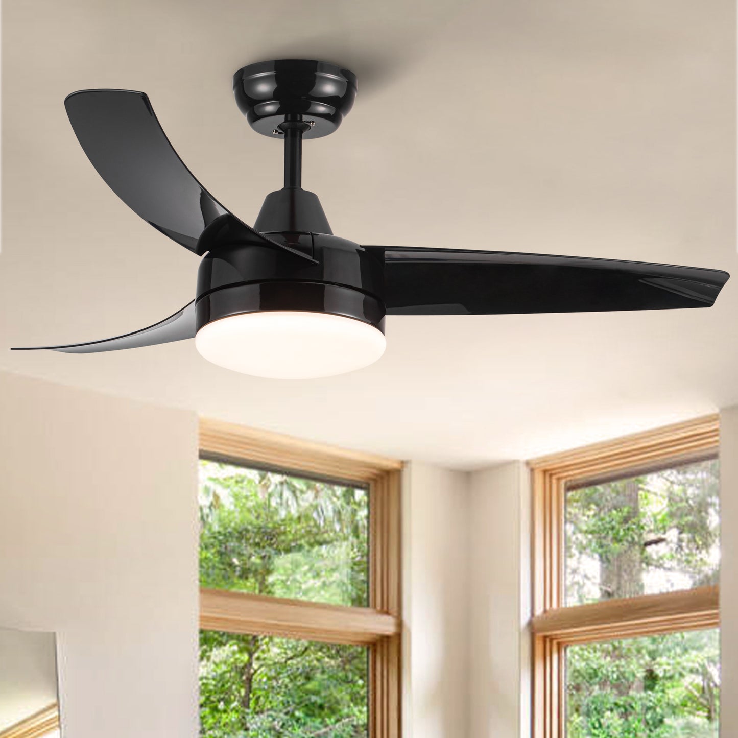 Black modern ceiling fan with integrated LED light ideal for bedroom comfort