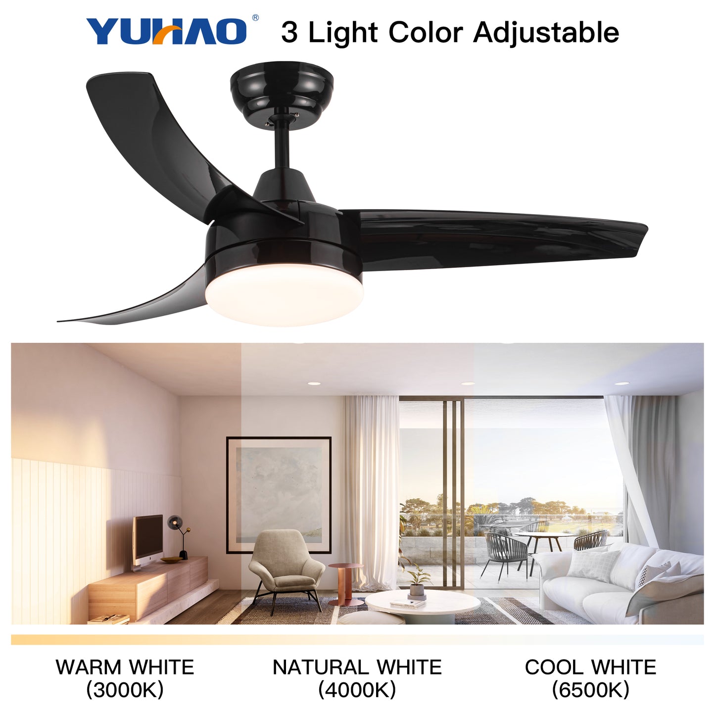 Black modern ceiling fan with integrated LED light adjustable color temperatures for home