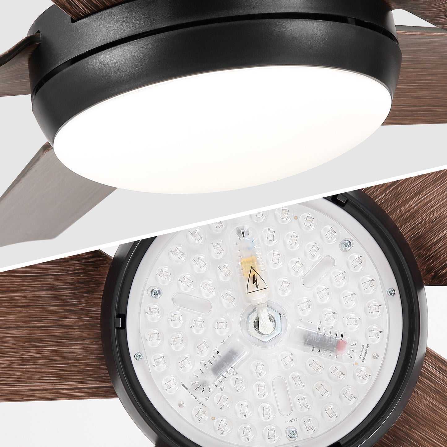 Modern black ceiling fan with integrated LED light and dark wood blades